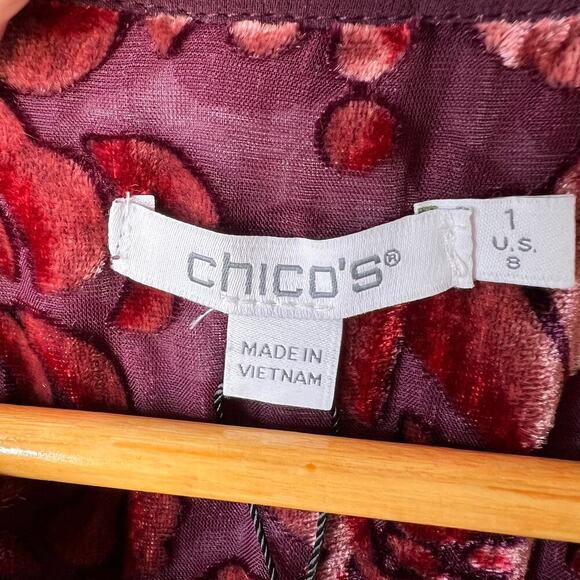 Chicos Blouse Womens Size 1 / US 8 Floral Velvet Burnout Button Down Blouson - Picture 2 of 16